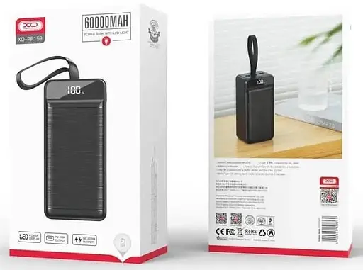 Універсальна мобільна батарея XO PR159 60000mAh PD20W+QC22.5W (Чорний) - фото 6