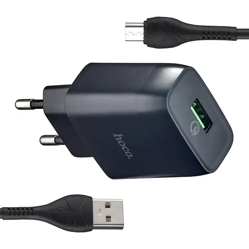 Сетевое зарядное устройство для ноутбука Hoco C72Q Glorious single port QC3.0 charger ( EU ) ( With Micro USB Cable ) Черный - фото 1