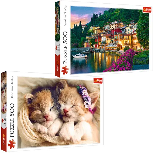 Набір Пазли - (500 + 500 елм.) - "Озеро Комо, Італія" + "Сплячі кошенята" - фото 1