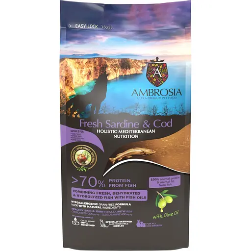Сухой корм Ambrosia Mediterranean для пожилых, кастрированных собак всех пород с контролем веса с сардиной и треской 100 г