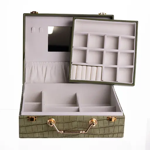 Скринька для прикрас з екошкіри 19 відділень із дзеркалом 23.5×14×8 см органайзер для прикрас Зелений Yiwu HP-5-20GR - фото 5