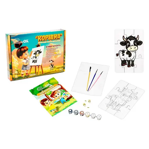 Деревянный пазл-раскраска А5 "Коровка" PuzzleOK Puz-22936 кисточка, краски, клейкая пленка - фото 2