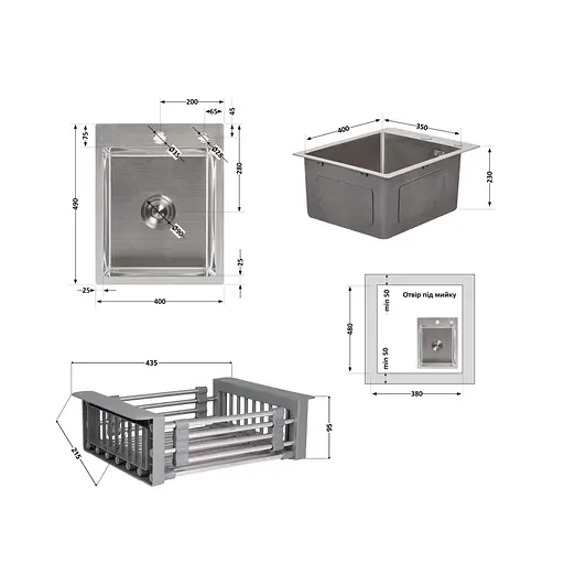 Кухонная мойка Lidz Handmade H4050 интегрированная Brushed в комплекте с дозатором и корзиной, Нержавеющая сталь - фото 2