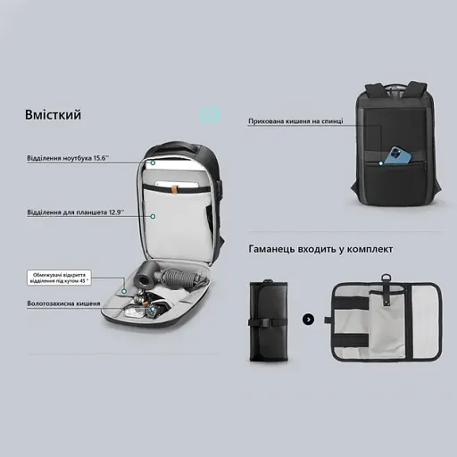 Рюкзак городской Mark Ryden 2958 15л с отсеком для ноутбука до 15.6" и Замком Black (18188) - фото 5