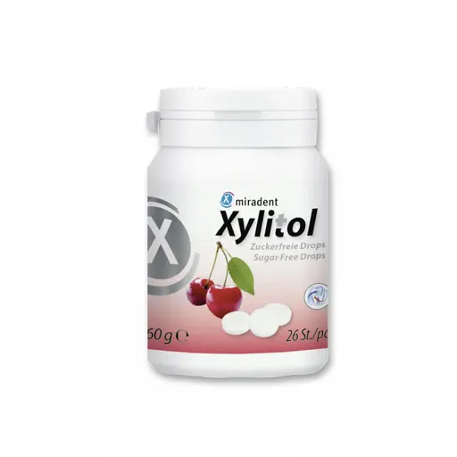 Льодяники з ксилітолом Xylitol Drops в банці, вишня 26 шт Miradent - фото 1