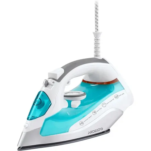 Утюг Ardesto IR-C2228-TQ, White/Blue, 2200W, керамика, паровой удар, постоянная пара 35г/мин, резервур 280мл, вертикальное отпаривание, защита от кальцинации, антикапля, плавная регулировка мощности пара, автоматическое отключение