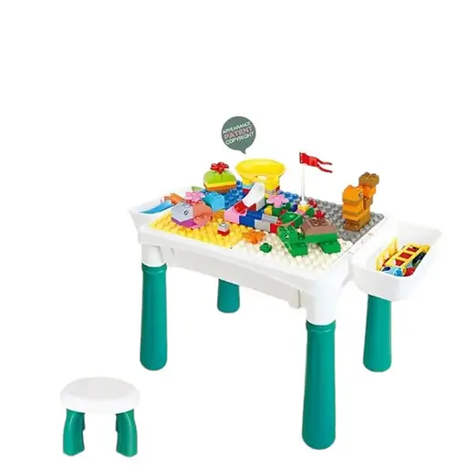 Детский игровой многофункциональный столик MHZ 6787-119 с конструктором и стульчиком, 2 корзины, 124 детали, белый с бирюзовым - фото 2