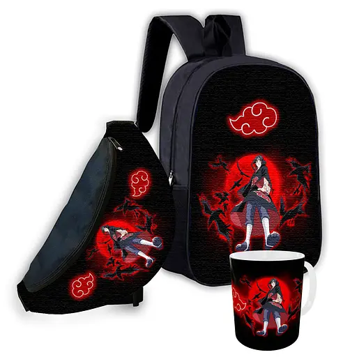 Набір дитячий Аніме Наруто Акацукі рюкзак 36х27см сумка-бананка, кружка з принтом для хлопчика (01645)