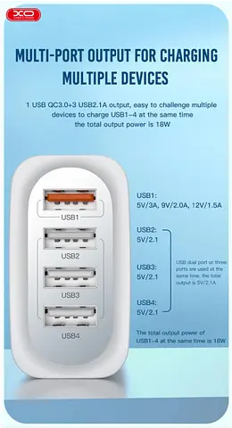 Зарядное устройство - адаптер питания 4 юсб порта XO L100 36W с поддержкой быстрой зарядки - фото 5