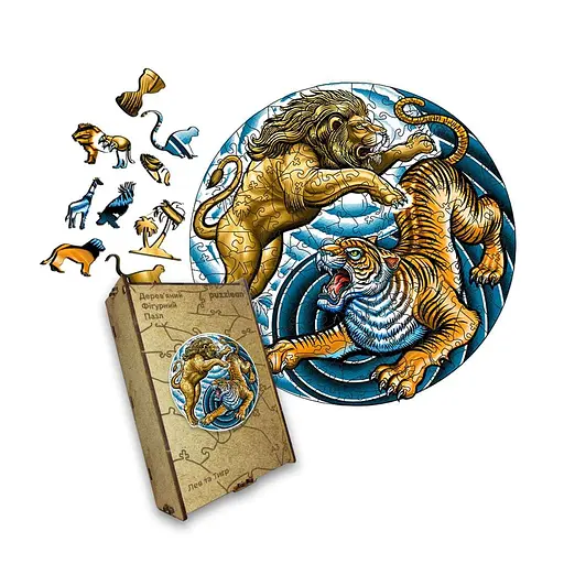 Пазл деревяний Лев та Тигр, А1, Деревяна коробка 500+ елементів