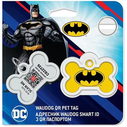 Адреса для собак и кошек Waudog Smart ID металлический с QR паспортом рисунок Бэтмен лого кость, Д 40 мм, Ш 28 мм - фото 5