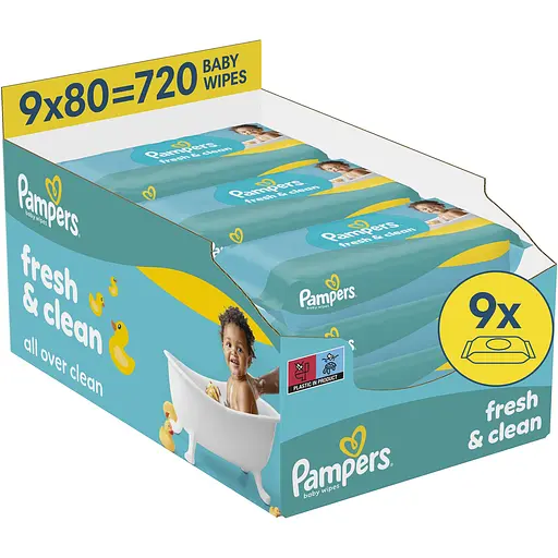 Детские влажные салфетки Pampers Fresh Clean 720 шт. (9 упаковок x 80 шт.) - фото 1