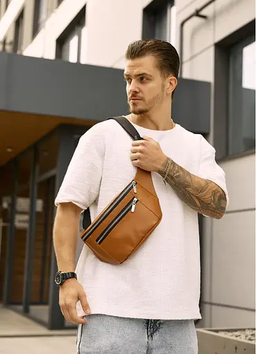 Большая мужская кожаная сумка на пояс бананка Sambag Tirso Max рыжая 38×17×6 см (81341121m) - фото 1