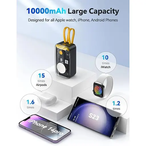 Зарядний пристрій NEWDERY 10000 мАг для iPhone Apple Watch Вбудовані кабелі - фото 6
