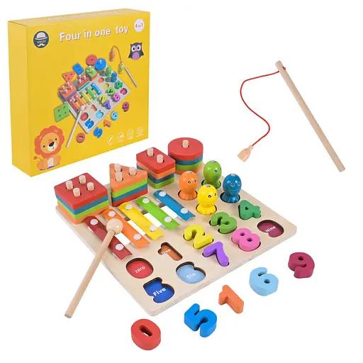 Детская деревянная игрушка "4 в 1" Bambi C9404 рыбалка, ксилофон - фото 1