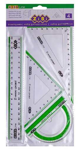 Комплект, лінійка 20 см, 2 косинці, транспортир, з салатовою смужкою