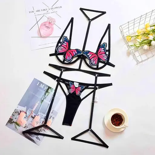 Еротичний комплект з метеликами, гартерами та чокером, універсальний розмір S/M чорний - фото 6