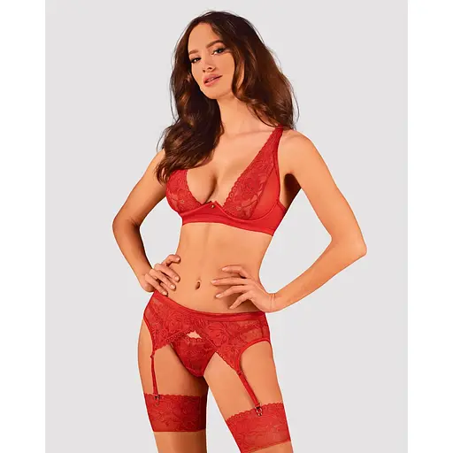 Комплект білизни Obsessive Lacelove cupless 3-pcs set M/L Red, бюстгальтер, стрінги, пояс для панчіх - фото 6