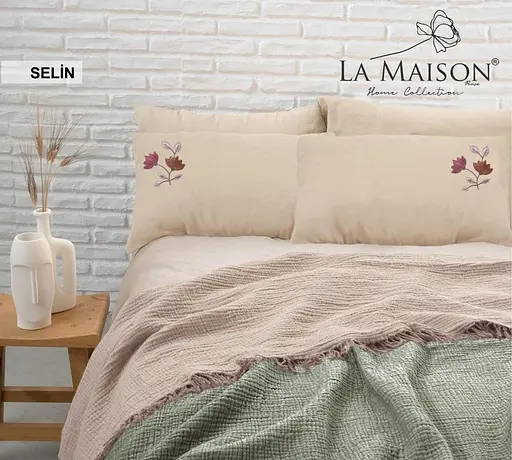 Літня постільна білизна з мусліновим покривалом-піке Selin Yesil Bej La Maison pbe0051391 - фото 3