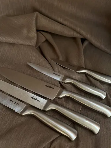 Універсальний набір 5 кухонних ножів з підставкою ножі з нержавіючої сталі для кухні Magio MG-1094 Сірий - фото 4