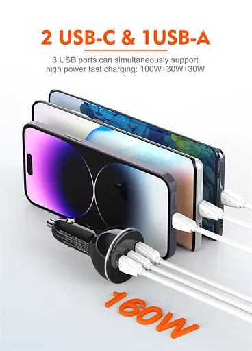 Зарядное устройство для Ldnio c102 160 W 2 USB-С + 1 USB-A 3 port car charger адаптер быстрой зарядки - фото 5