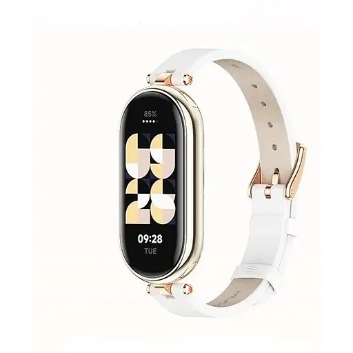 Кожаный ремешок MiJobs для фитнес-браслета Xiaomi Mi Band 5 и 6 Type A белый, держатель - золотистый