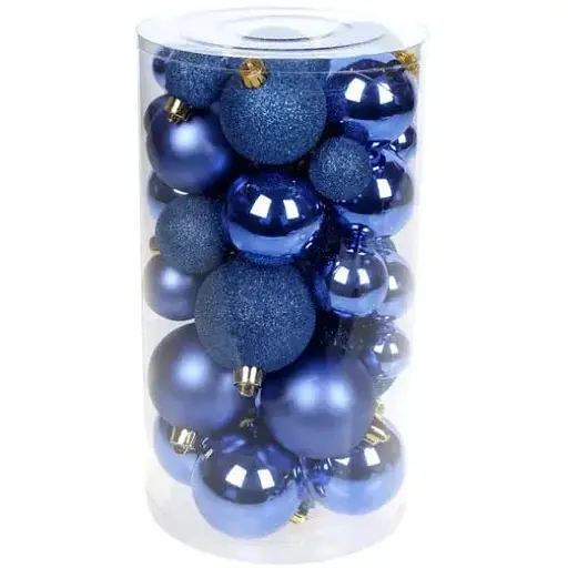 Набір синіх ялинкових куль 40 шт 3 см 4 см 5 см 6 см з гліттером та перламутром пластикові у прозорій тубі - фото 1