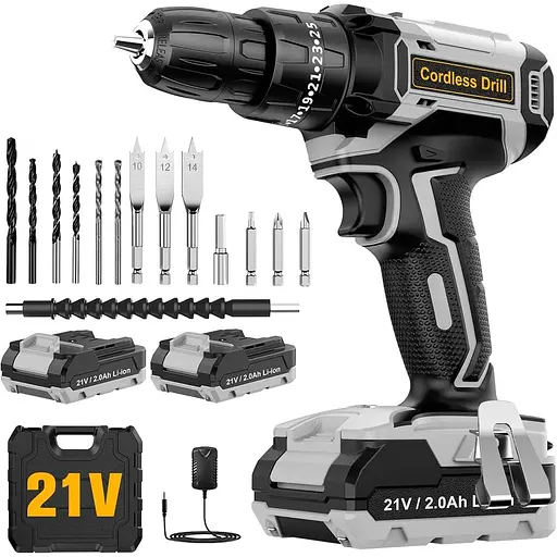 Акумуляторний дриль-шуруповерт 21 В, акумуляторний перфоратор з 2 батареями 2000 мАг, момент, що крутить 25+3, макс. 42 Нм електри