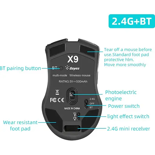 Мишка бездротова ігрова Gamousе X9 з акумулятором та підсвіткою Gray 2.4G Bluetooth - фото 4
