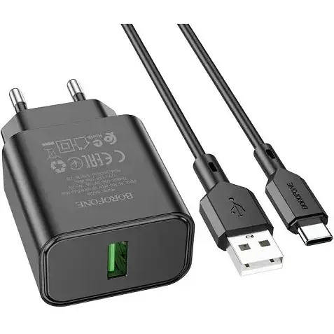 Мережевий зарядний пристрій Borofone BA72A Spring 18W/QC3.0/1USB + Cable Type-C чорний - фото 1