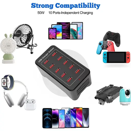 Зарядна станція ILEPO багатопортова на 10 USB портів 50 Вт / мережевий мультизарядний пристрій (19011) - фото 7