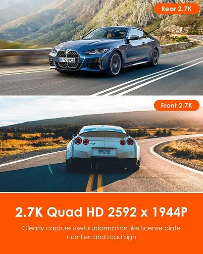 VANTRUE E2 Dash Cam Передня та задня камера з голосовим керуванням, подвійна 2.7K відеореєстратор, Wi-Fi, GPS - фото 2