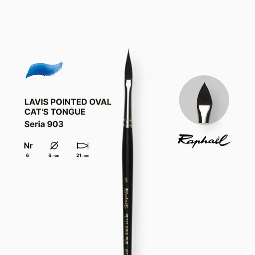 Кисть с заостренным овальным ворсом «Кошачий язык» Raphael, короткая черная лакированная ручка, №6 - фото 2