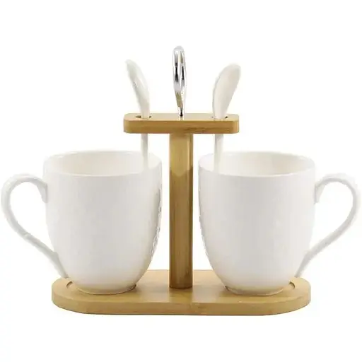 Набір чашок Interos порцелянові 2 штуки на бамбуковій підставці з ложками 300 мл PJ03392