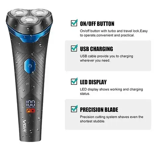 Електробритва чоловіча роторна VGR V-314 IPX6 LCD + дорожня сумочка (Чорний) - фото 3