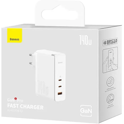 Мережевий зарядний пристрій Baseus GaN5 Pro Fast Charger 2C+U 140W White + Cable USB-C (CCGP100202) [96286] - фото 8