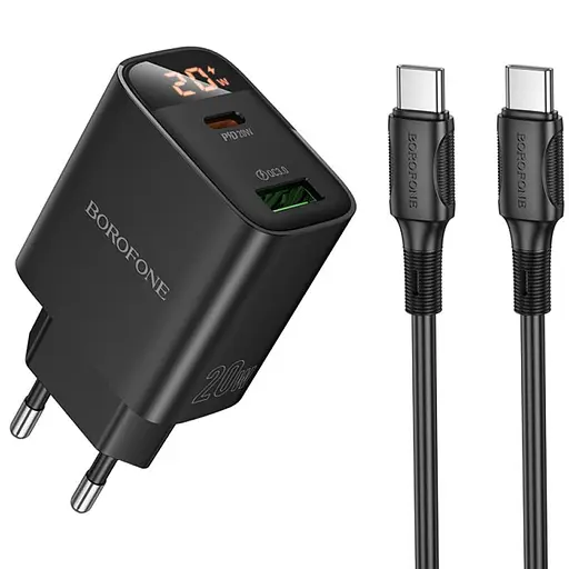 МЗП Borofone BA96A Ilustre with digital display PD20W+QC3.0 (1USB-A/1C) + кабель Type-C to Type-C Black
