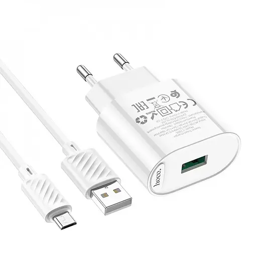 МЗП Hoco C109A Fighter QC3.0 18W (1USB-A) + кабель USB to MicroUSB White - фото 5
