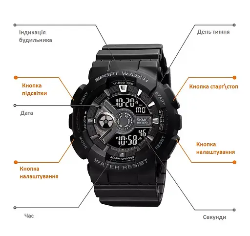 Чоловічий спортивний годинник Skmei 1828 (Чорний) - фото 6
