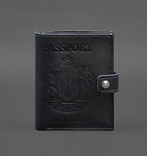 Кожаная обложка-портмоне на паспорт с гербом Украины 25.0 темно-синяя - фото 1