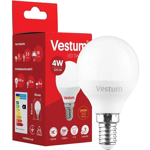 Світлодіодна лампа Vestum G45 4W 3000K 220V E14 1-VS-1208
