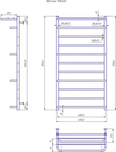 Водяна рушникосушка Mario Inox Люксор 1170x630/600 1.7.044588.P, Хром, нижнее - фото 4