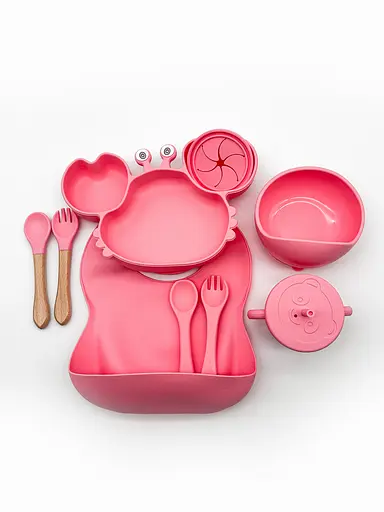 Набір дитячого силіконового посуду для першого підгодовування на присосках 9 предметів Краб Pink (18975) - фото 1