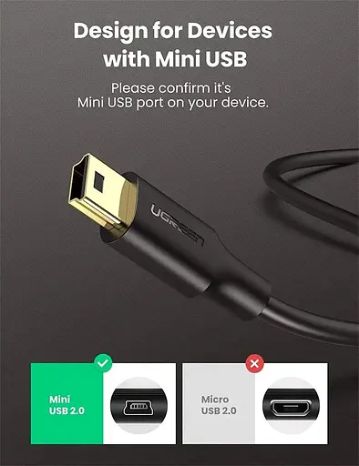 Кабель UGREEN USB 2.0 A Male to Mini 5 Pin Male Cable 3m (Black) - фото 4