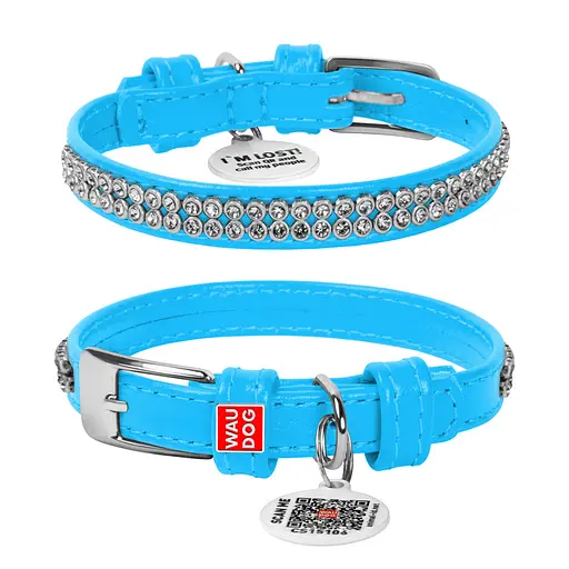 Ошейник для собак кожаный Waudog Glamour с QR-паспортом с украшением "Полотно стразы" XS Ш 12 мм Д 21-29 см голубой