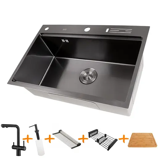 Комплект чорної мийки та змішувач з нержавіючої сталі NB-7048, Чорний - фото 1