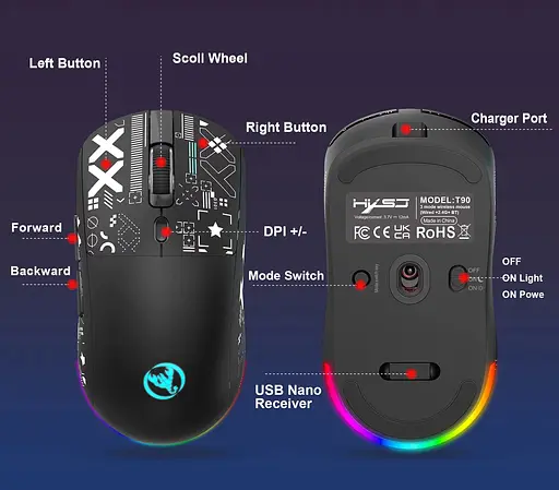 Компьютерная мышь HYSJ Т90 беспроводная бесшумная с аккумулятором 2,4G+Bluetooth Black - фото 9
