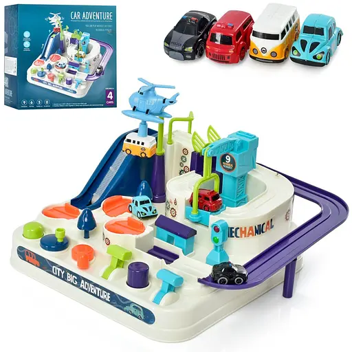 Детский игровой набор "Трек" Bambi T802A 4 машинки, вертолет, подвижные детали - фото 1