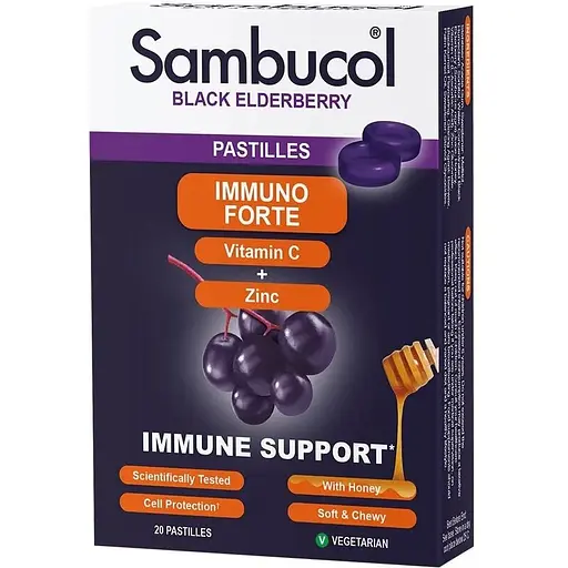 Экстракт черной бузины, витамин С и цинк Sambucol Black Elderberry Immuno Forte, 20 пастилок для поддержки иммунной системы