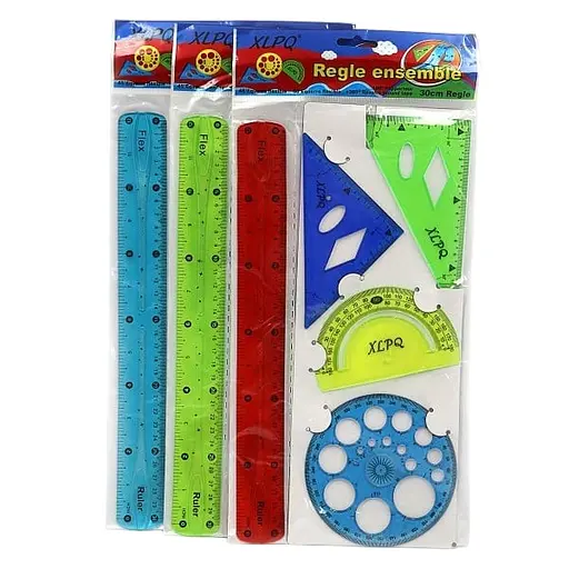 Набір силіконовий, кольоровий, 2 трикутники, 2 транспортири, лінійка 30 см, 5 предметів (В асортименті)